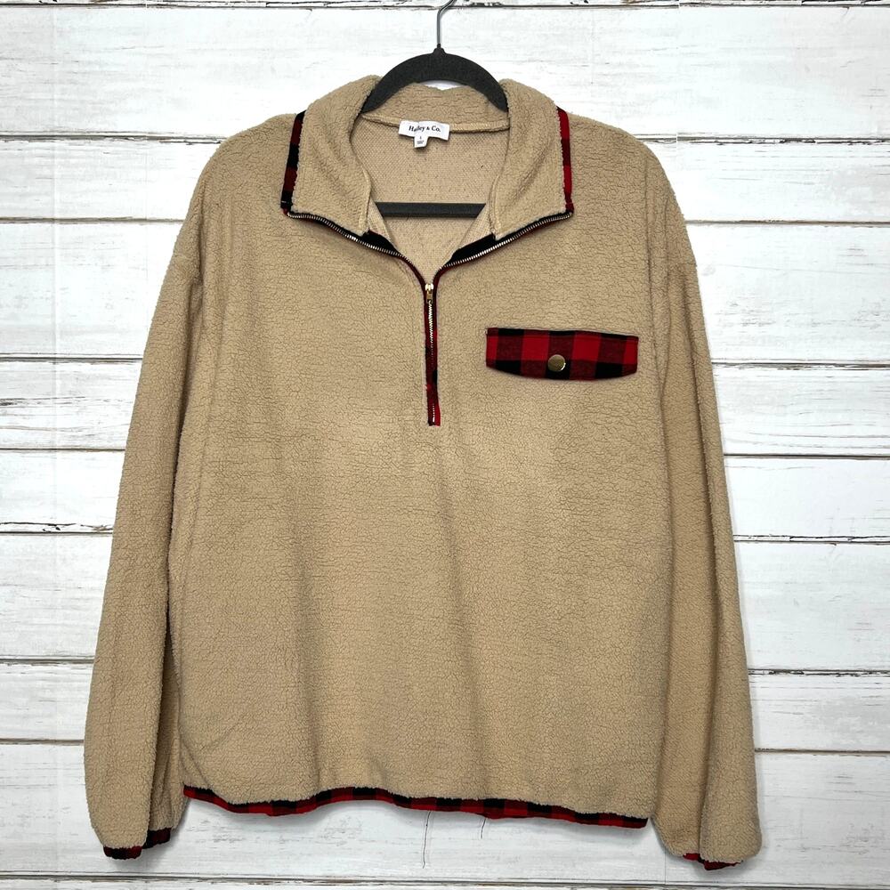 Hailey & Co Sherpa Quarter Zip Pullover Tan Fleece Buffalo Plaid Trim Size Large